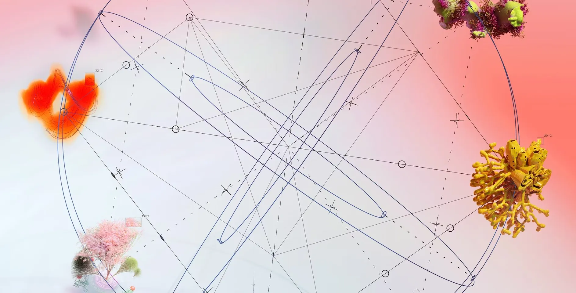 A pale pink abstract diagram with circles, lines and small floating flowers