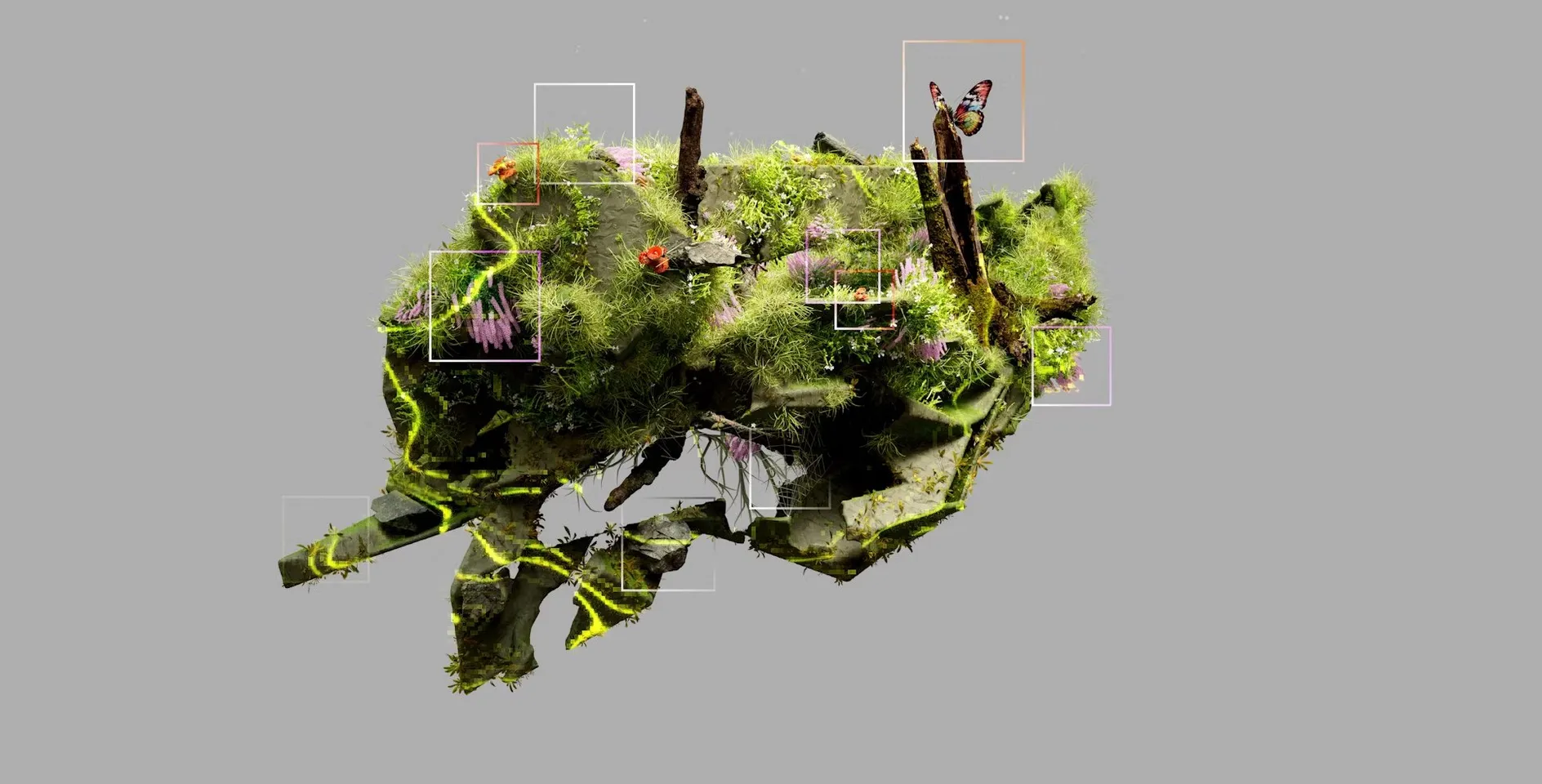 A floating island of moss and roots with white frames around it on a grey background