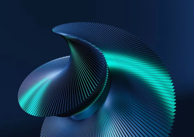 A sculpted teal and blue ribbon form against a deep navy background